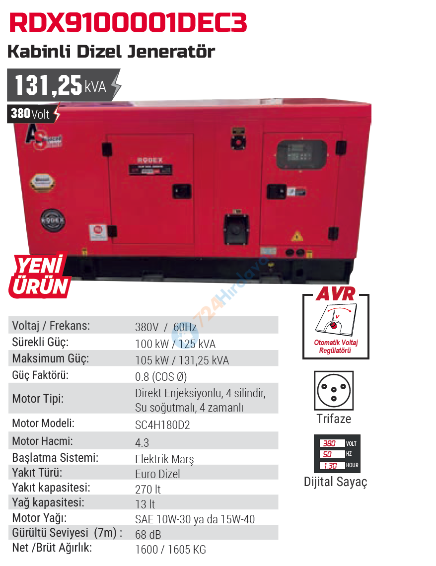 RODEX JENERATÖR 100 KW / 125 KVA MARŞLI KABİNLİ 3P