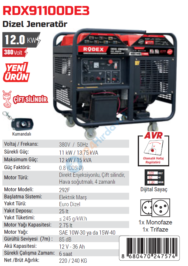 RODEX DİZEL JENERATÖR 11 KW / 13,75 KVA MARŞLI 3P