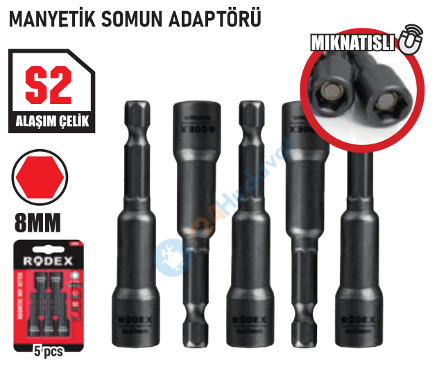 RODEX MANYETİK SOMUN ADAPTÖRÜ 8*65MM 5PCS/DOUBLE BLİSTER (BTC8065) (120)