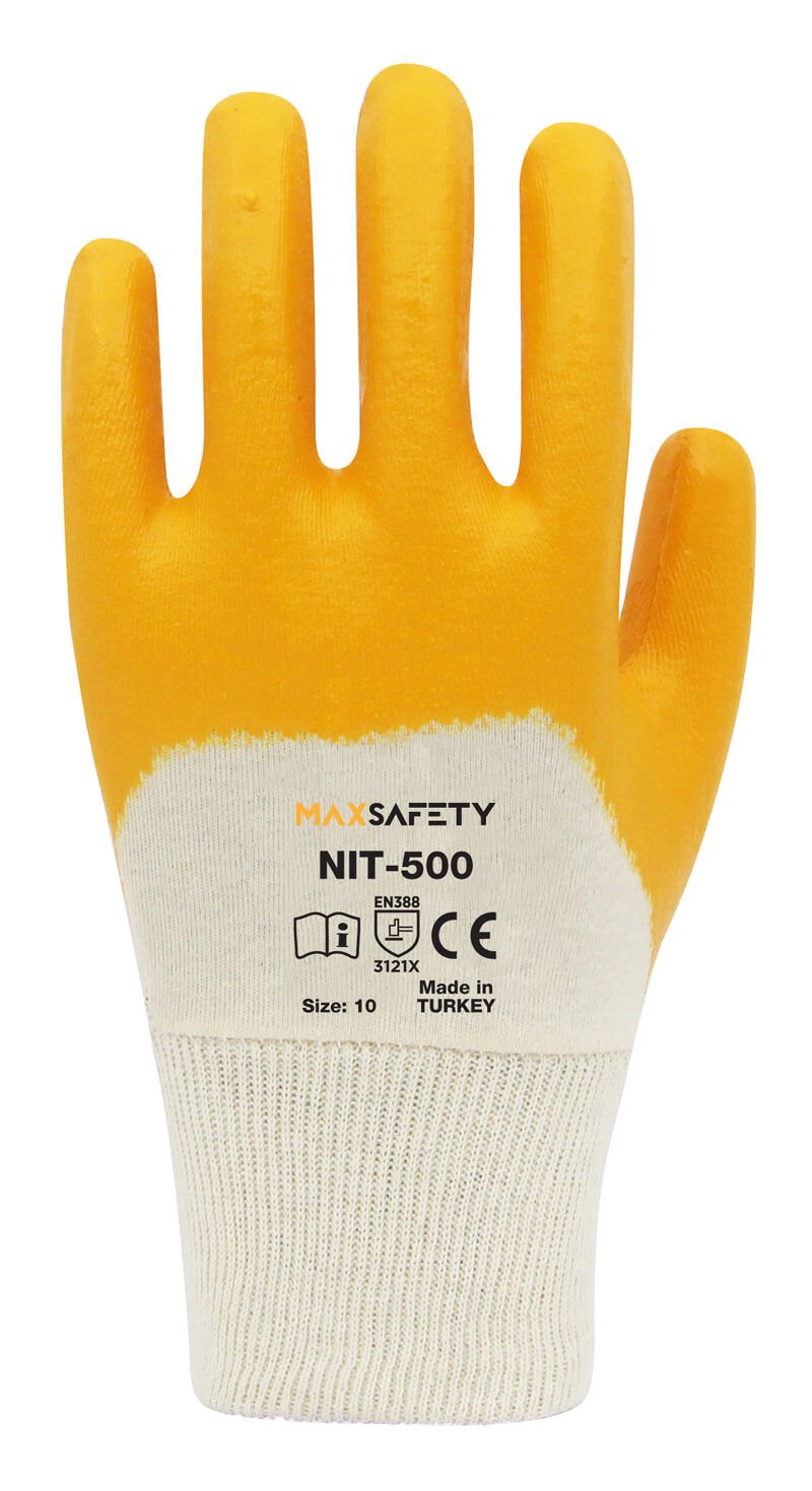 Max Safety NIT-500 Sarı No 10 Pamuk Astarlı Nitril Eldiven