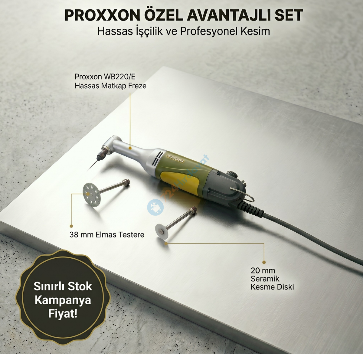 Proxxon 28492 WB220/E Matkap Freze  + 38 mm Elmas Testere + 20mm Seramik Kesme Diski Avantajlı Set