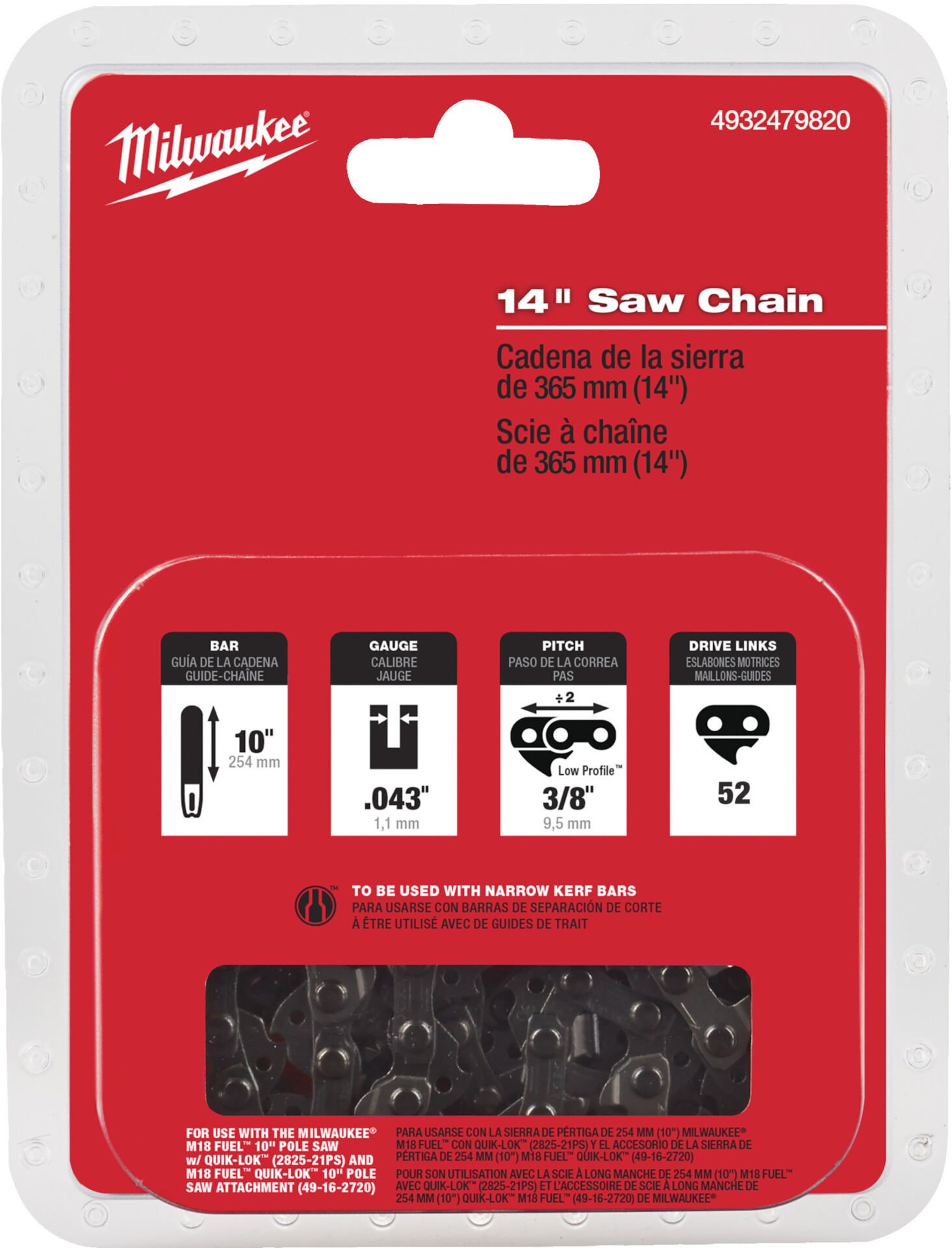 Milwaukee 35 cm/ 14'' YEDEK ZİNCİR 3/8'' x 1.1 M18 FCHS35