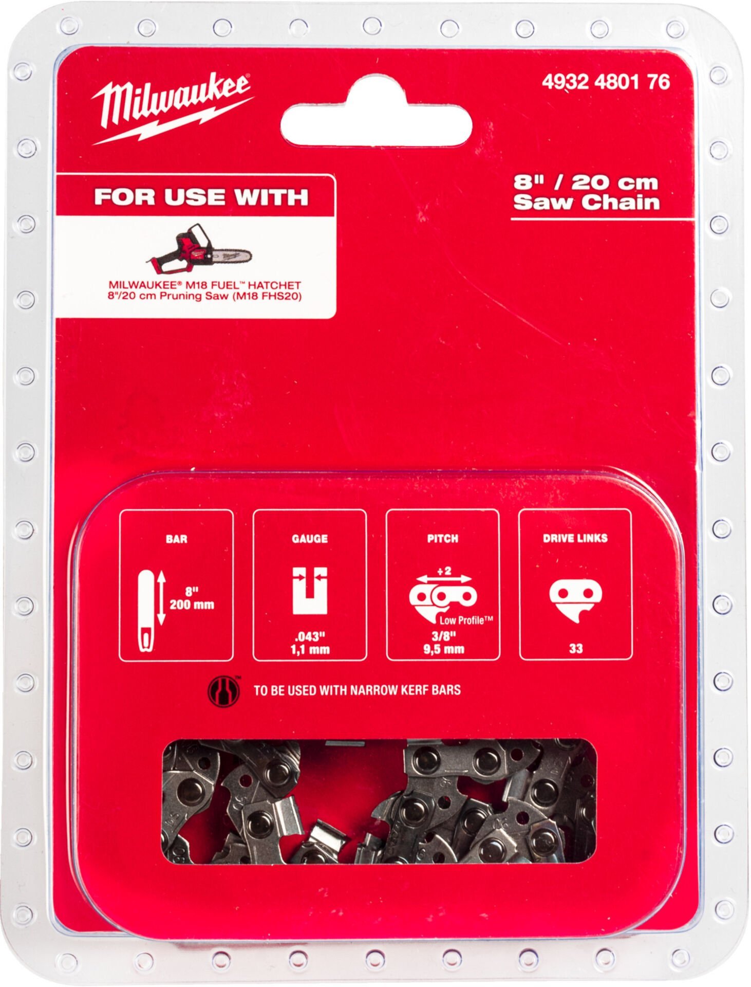 Milwaukee 20 cm/ 8'' YEDEK ZİNCİR 3/8'' x 1.1 M18 FHS