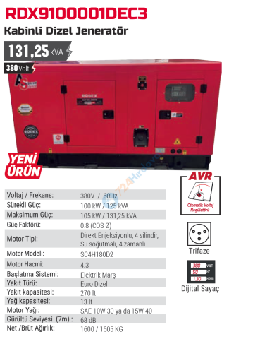 RODEX JENERATÖR 100 KW / 125 KVA MARŞLI KABİNLİ 3P