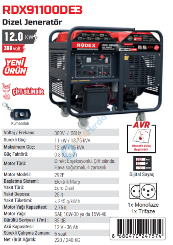 RODEX DİZEL JENERATÖR 11 KW / 13,75 KVA MARŞLI 3P