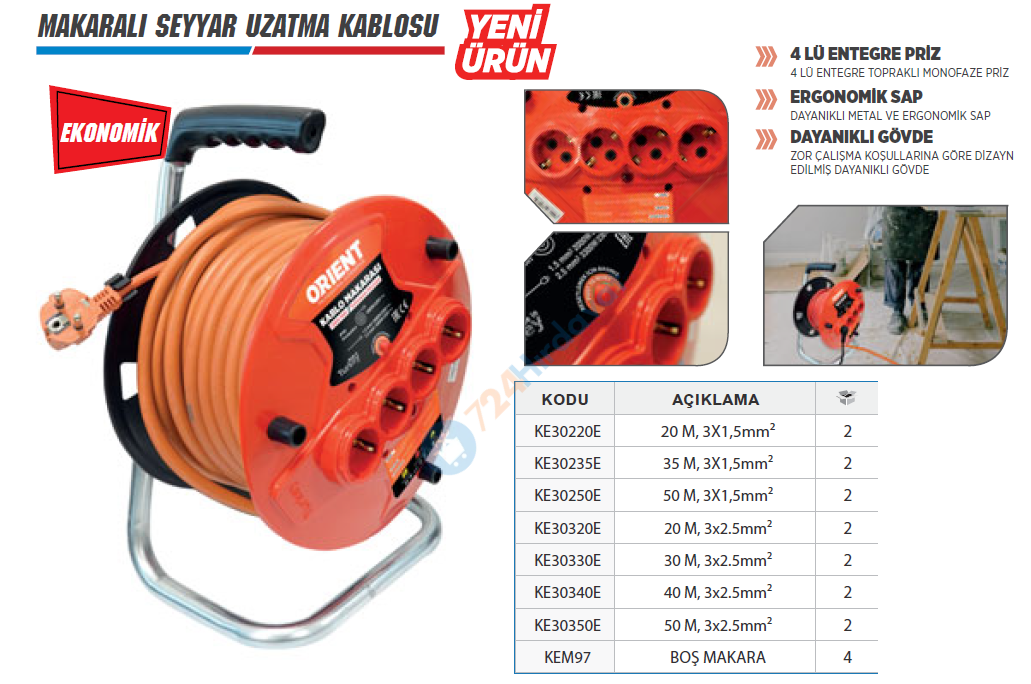 ORİENT KE30350E KABLOLU PLASTİK MAKARA 4 PRİZLİ 3*2.5 MM 50 MT (EKONOMİK)