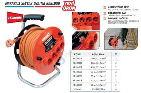 ORİENT KE30350E KABLOLU PLASTİK MAKARA 4 PRİZLİ 3*2.5 MM 50 MT (EKONOMİK)