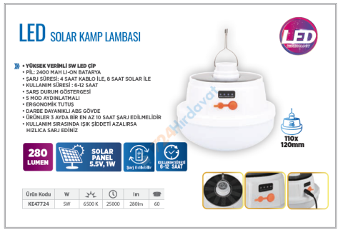 KLAUS KE47724 GÜNEŞ PANELLİ KAMP LAMBASI 5W 280 LÜMEN 2400 MAH