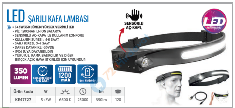 KLAUS KE47727 SENSÖRLÜ KAFA LAMBASI 5+3W 350 LÜMEN 1200 MAH