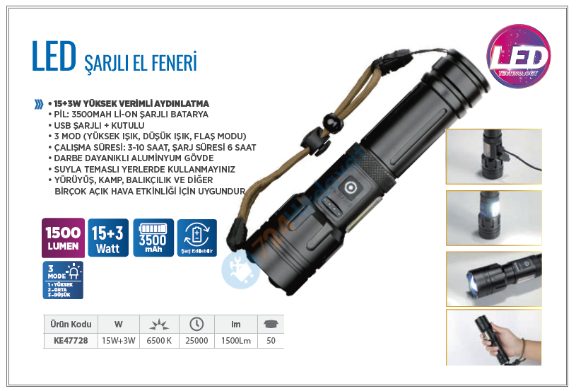 KLAUS KE47728 ŞARJLI EL FENERİ 15+3W 1500 LÜMEN 3500 MAH