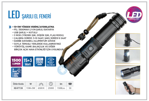 KLAUS KE47728 ŞARJLI EL FENERİ 15+3W 1500 LÜMEN 3500 MAH