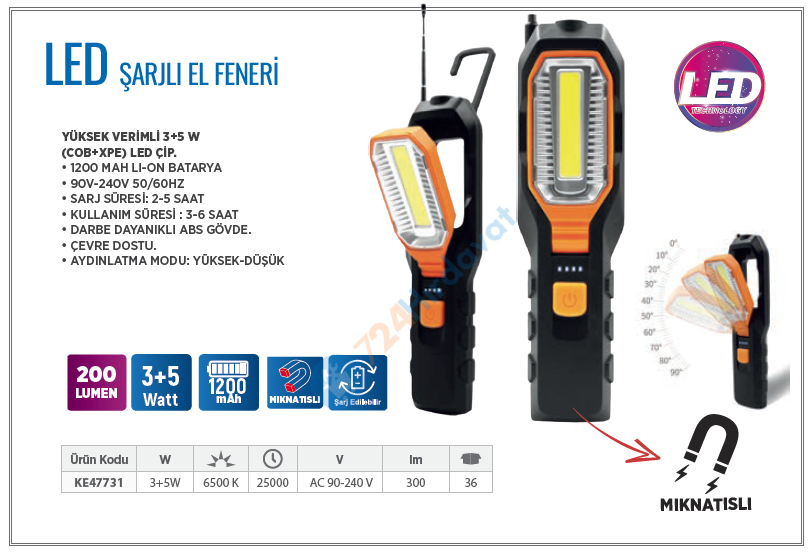 KLAUS KE47731 İŞ FENERİ 3+5W 1200MAH 300 LÜMEN TELESKOP MIKNATISLI