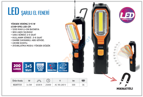 KLAUS KE47731 İŞ FENERİ 3+5W 1200MAH 300 LÜMEN TELESKOP MIKNATISLI