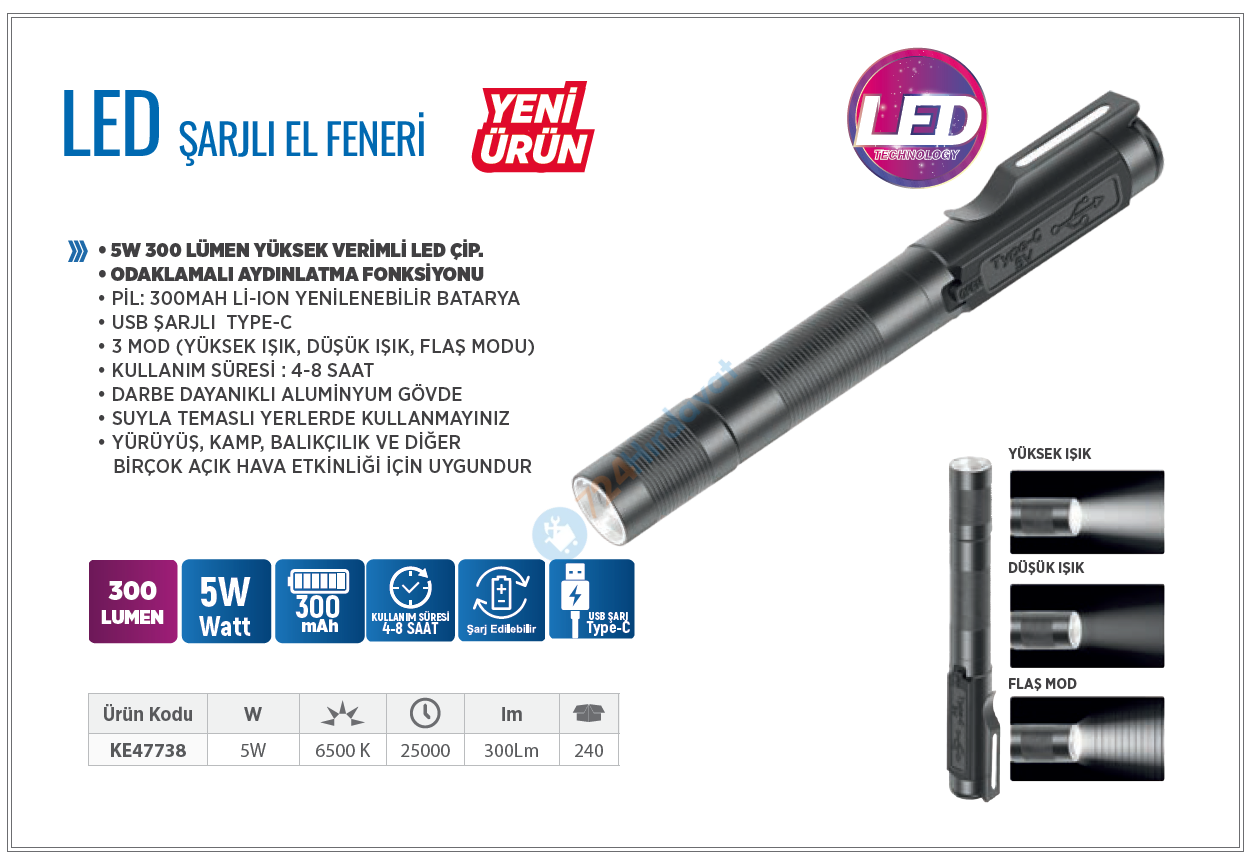 KLAUS KE47738 LED EL FENERİ 5W 300 LÜMEN