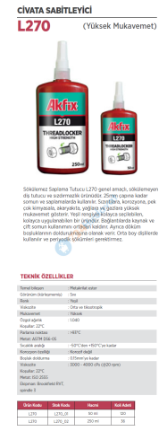 AKFİX L270_01 CİVATA SABİTLEYİCİ YÜKSEK KUVVET 50ML