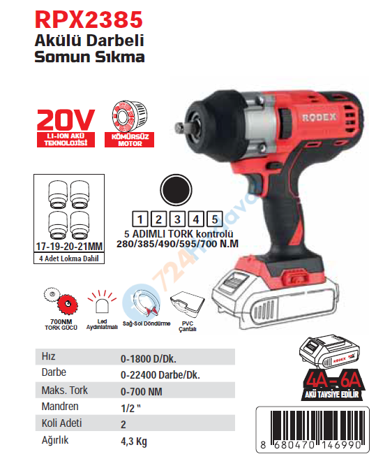 Rodex RPX2385 Akülü Darbeli Somun Sıkma - Aküsüz