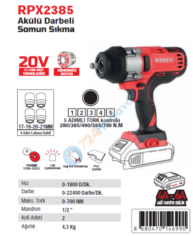 Rodex RPX2385 Akülü Darbeli Somun Sıkma - Aküsüz