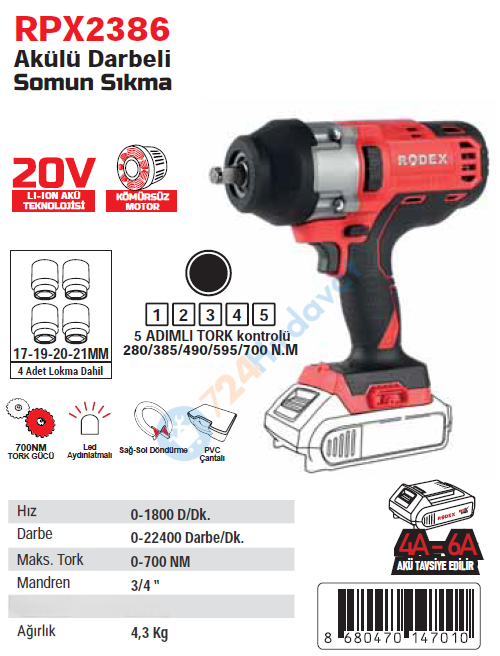 RODEX Akülü Darbeli Somun Sıkma 3/4” 20 V