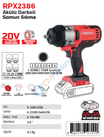 RODEX Akülü Darbeli Somun Sıkma 3/4” 20 V