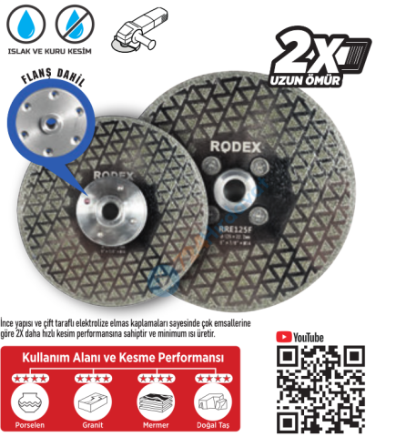 RODEX ÇİFT TARAFI ELEKTROLİZLE KAPLI ELMAS TESTERE 125MM FLANŞLI (6/10/60)