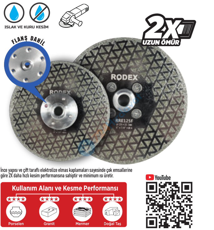 RODEX ÇİFT TARAFI ELEKTROLİZLE KAPLI ELMAS TESTERE 180MM FLANŞLI (5/6/30)