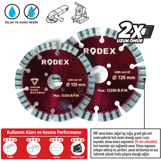 RODEX ELMAS KESME DİSKİ LAZER KAYNAKLI 180MM TURBO SEGMENT (5/10/50)