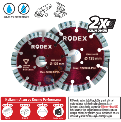 RODEX ELMAS KESME DİSKİ LAZER KAYNAKLI 180MM TURBO SEGMENT (5/10/50)