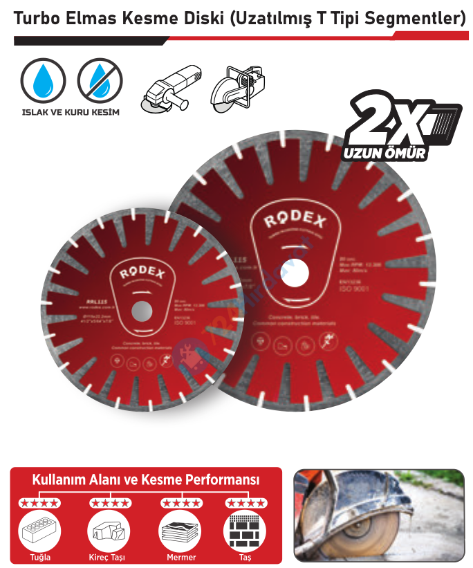 RODEX TURBO ELMAS KESME DİSKİ 230MM UZATILMIŞ T TİPİ SEGMENT (5/20/50)
