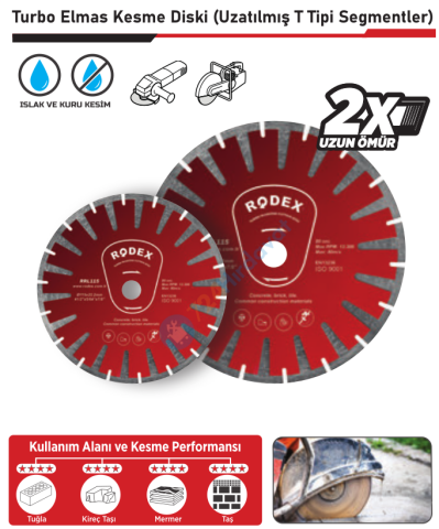 RODEX TURBO ELMAS KESME DİSKİ 230MM UZATILMIŞ T TİPİ SEGMENT (5/20/50)