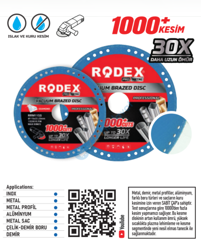 RODEX VAKUM KAYNAKLI ELMAS METAL KESME DİSKİ 180MM (5/10/50)