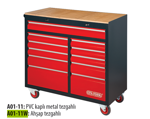 Ceta Form A01-11 GT PLUS Jumbo XL Takım Arabası-PVC Kaplı Metal Tezgahlı (Boş)-11 Çekmeceli