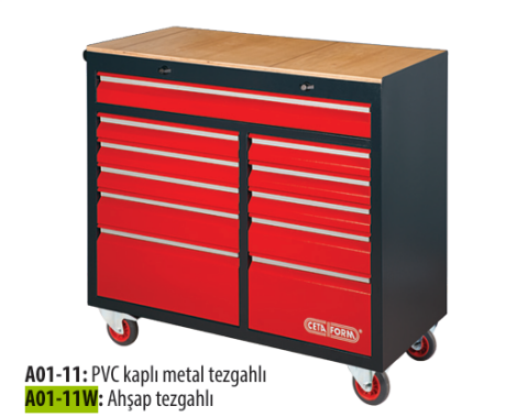 Ceta Form A01-11W GT PLUS Jumbo XL Takım Arabası-Ahşap Tezgahlı (Boş)-11 Çekmeceli